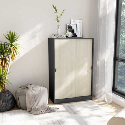 Guardaroba 2 Ante Nero Antracite Marrone Rovere 2 Ripiani 2 Ante 77x119h cm, Apertura Scorrevole - Stelvio