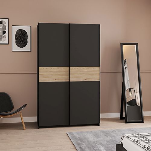 Guardaroba 2 Ante Nero Antracite Marrone Rovere 2 Ripiani Appendiabiti 120x204h cm, 2 Ante - Maba