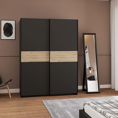 Guardaroba 2 Ante Nero Antracite Marrone Rovere 2 Ripiani Appendiabiti 150x204h cm, 2 Ante - Manita