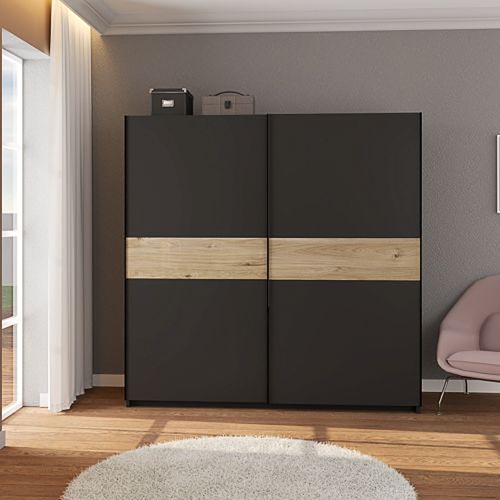 Guardaroba 2 Ante Nero Antracite Marrone Rovere 2 Ripiani Appendiabiti 200x204h cm, 2 Ante - Nalika