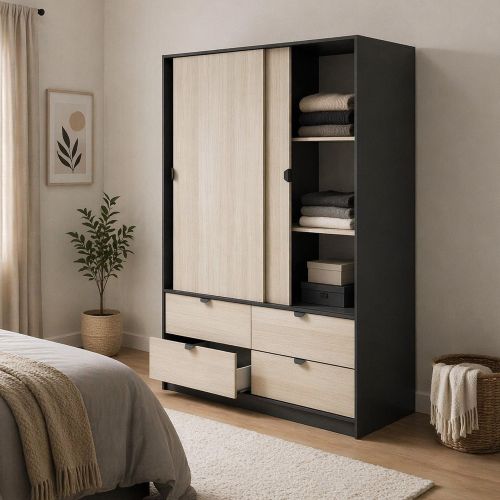 Guardaroba 2 Ante Nero Antracite Marrone Rovere 4 Cassetti 2 Ripiani 140x200h cm, Appendiabiti - Ponna