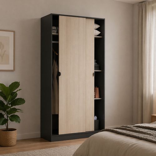 Guardaroba 2 Ante Nero Antracite Marrone Rovere 4 Ripiani Appendiabiti 100x200h cm, 2 Ante - Orgosolo