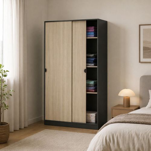 Guardaroba 2 Ante Nero Antracite Marrone Rovere 4 Ripiani Appendiabiti 120x200h cm, 2 Ante - Fiora