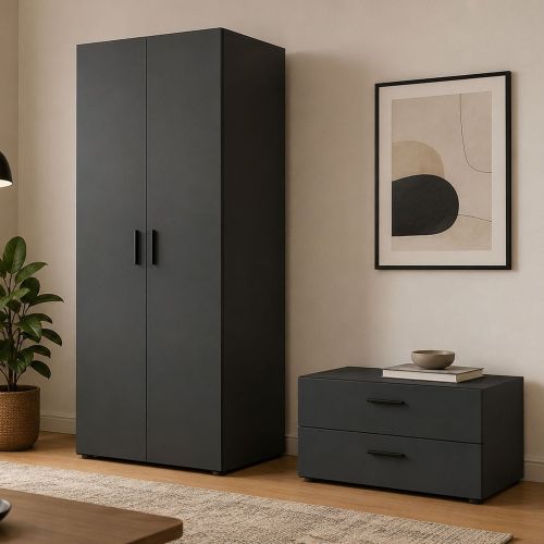 Guardaroba 2 Ante Nero Antracite Nero un Ripiano 2 Cassetti 74x214h cm, Appendiabiti - Buriasco