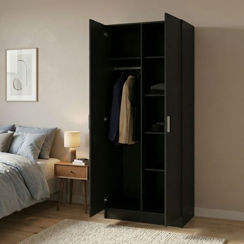 Guardaroba 2 Ante Nero Appendiabiti 5 Ripiani 78.7x200.9h cm, Apertura Battente - Argor