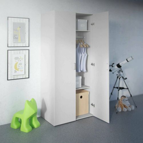 Guardaroba 2 ante Paulette, Mobile camera da letto, Cabina armadio portabiti, Armadio appendiabiti, 77x49 h175 cm, Bianco