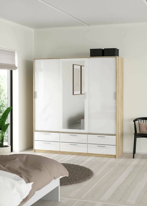 Guardaroba 3 ante Anabelle, Mobile camera da letto, Cabina armadio portabiti, Armadio appendiabiti, 181x60 h200 cm, Quercia e Bianco