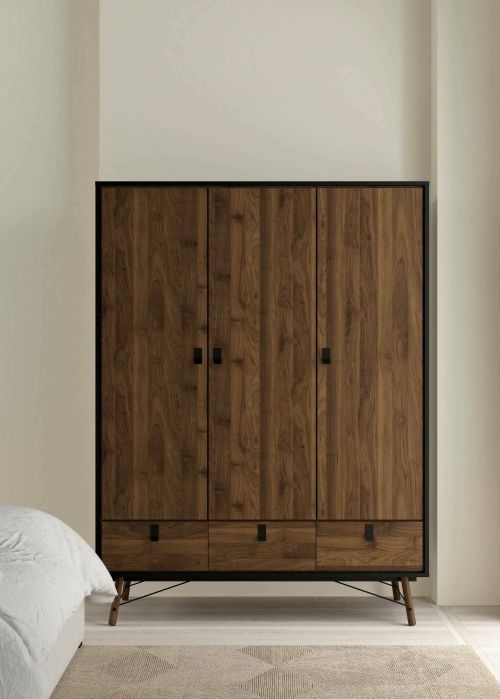 Guardaroba 3 ante Augustine, Mobile camera da letto, Cabina armadio portabiti, Armadio appendiabiti, 60x150 h200 cm, Nero e Noce