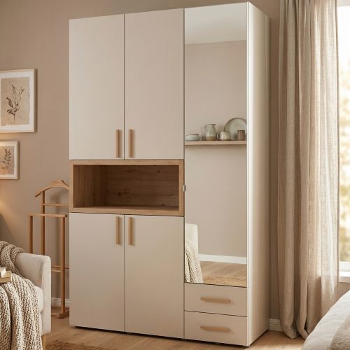 Guardaroba 3 Ante Beige Marrone Rovere Nodi Appendiabiti 2 Cassetti 134.5x56 cm, 6 Ripiani - Pianezze
