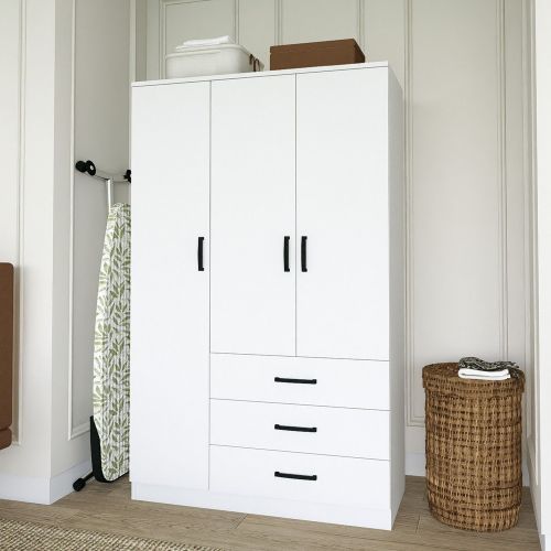 Guardaroba 3 Ante Bianco 3 Ripiani 3 Cassetti 90x47 cm, Appendiabiti - Valdengo