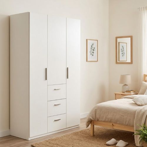 Guardaroba 3 Ante Bianco 4 Ripiani Appendiabiti 117x52 cm, 3 Cassetti - Anama