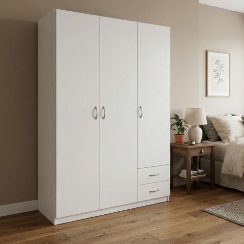Guardaroba 3 Ante Bianco Appendiabiti 3 Ripiani 120x51 cm, 2 Cassetti - Toce