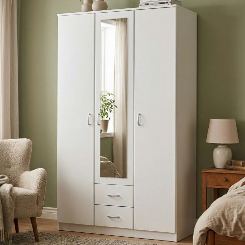 Guardaroba 3 Ante Bianco Bianco 4 Ripiani 2 Cassetti 120x52 cm, Appendiabiti - Crati
