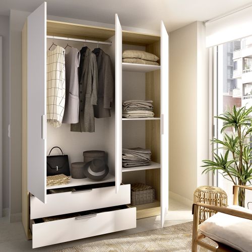 Guardaroba 3 Ante Bianco Marrone Rovere Appendiabiti 2 Cassetti 51x137 cm, 3 Ripiani - Mayos