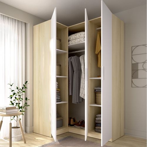 Guardaroba 3 Ante Bianco Marrone Rovere Appendiabiti Cassetti 95x142 cm, 6 Ripiani - Reeves
