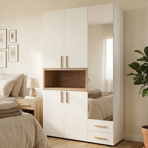 Guardaroba 3 Ante Bianco Marrone Rovere Nodi Appendiabiti 2 Cassetti 134.5x56 cm, 6 Ripiani - Pianezze