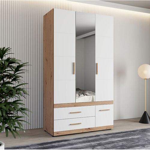 Guardaroba 3 Ante Bianco Opaco Marrone Rovere Nodi Appendiabiti 3 Cassetti 117x52 cm, 2 Ripiani - Yelapa