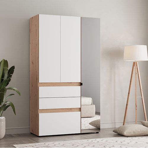 Guardaroba 3 Ante Bianco Opaco Marrone Rovere Nodi Appendiabiti 3 Cassetti 117x52 cm, 4 Ripiani - Zuccare