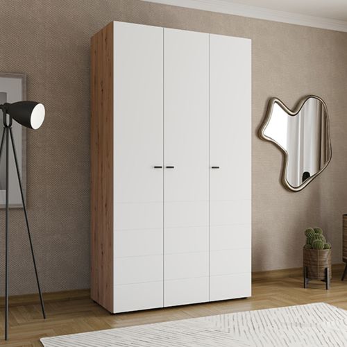 Guardaroba 3 Ante Bianco Opaco Marrone Rovere Nodi Appendiabiti 4 Ripiani 117x52 cm, 3 Ante - Ronco