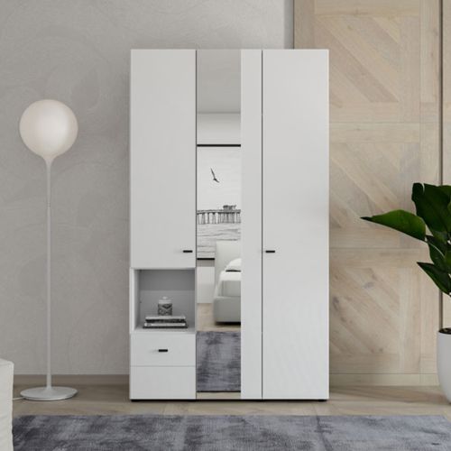 Guardaroba 3 Ante Bianco Opaco Nero Appendiabiti un Cassetto 117x52 cm, 5 Ripiani - Patzcu
