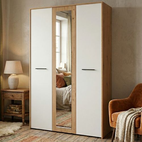 Guardaroba 3 Ante Bianco Rovere Nodi Marrone Appendiabiti 5 Ripiani 119x53 cm, 7 Vani - Lavagno