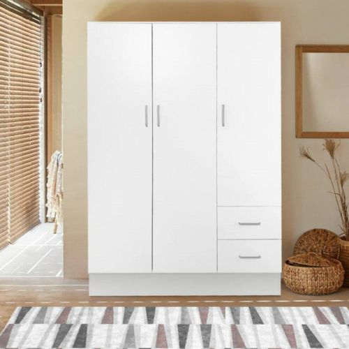 Guardaroba 3 ante Calahorra, Mobile camera da letto, Cabina armadio chiusa, Armadio appendiabiti a 3 ante e 2 cassetti, 120x50h170 cm, Bianco