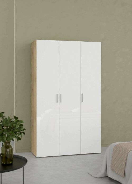 Guardaroba 3 ante Isabelle, Mobile camera da letto, Cabina armadio portabiti, Armadio appendiabiti, 50x118 h201 cm, Quercia e Bianco