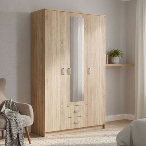 Guardaroba 3 Ante Marrone Quercia Bianco Appendiabiti 2 Cassetti 120x52 cm, 4 Ripiani - Crati