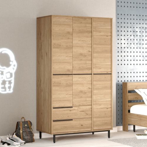 Guardaroba 3 Ante Marrone Rovere 5 Ripiani 2 Cassetti 112x55 cm, Appendiabiti - Oricola