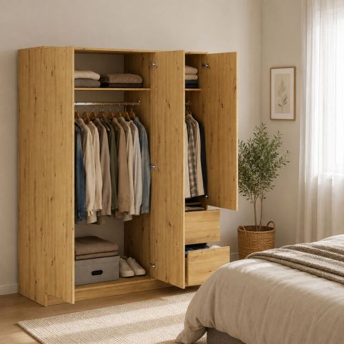 Guardaroba 3 Ante Marrone Rovere Appendiabiti 2 Cassetti 147x57 cm, 2 Ripiani - Leseto