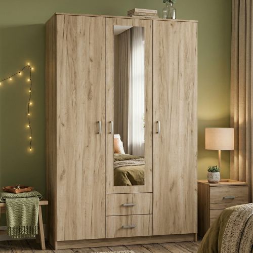 Guardaroba 3 Ante Marrone Rovere Bianco Appendiabiti 2 Cassetti 120x52 cm, 4 Ripiani - Crati