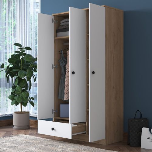 Guardaroba 3 Ante Marrone Rovere Bianco Appendiabiti un Cassetto 90x43 cm, 5 Ripiani - Infine