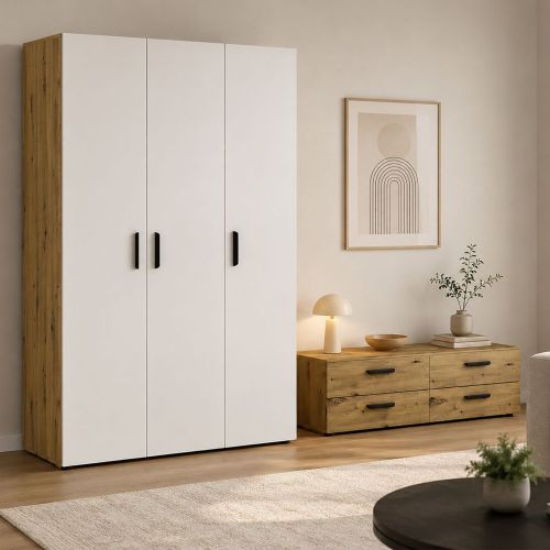 Guardaroba 3 Ante Marrone Rovere Nodi Bianco Appendiabiti 4 Cassetti 111x52 cm, 4 Ripiani - Randazzo