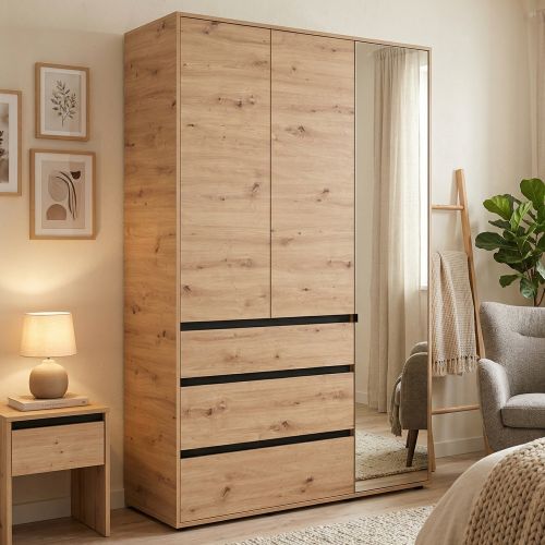 Guardaroba 3 Ante Marrone Rovere Nodi Nero Appendiabiti 3 Cassetti 138x55 cm, 4 Ripiani - Ilbonoo