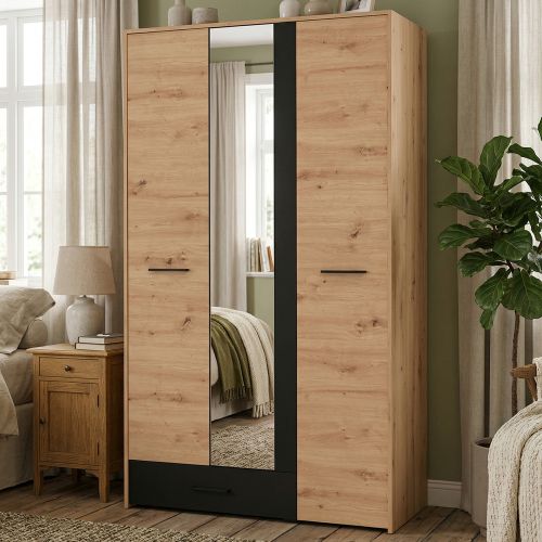 Guardaroba 3 Ante Marrone Rovere Nodi Nero Appendiabiti un Cassetto 119x53 cm, 5 Ripiani - Lavagnoo
