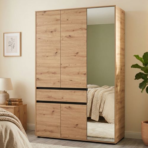 Guardaroba 3 Ante Marrone Rovere Nodi Nero Appendiabiti un Cassetto 138x54.5 cm, 5 Ripiani - Ilbono