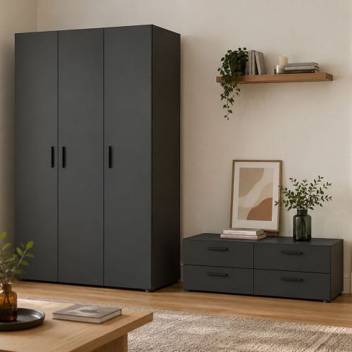 Guardaroba 3 Ante Nero Antracite Appendiabiti 4 Cassetti 111x52 cm, 4 Ripiani - Randazzo