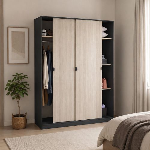 Guardaroba 3 Ante Nero Antracite Marrone Rovere 4 Ripiani Appendiabiti 150x50 cm, 3 Ante - Senales