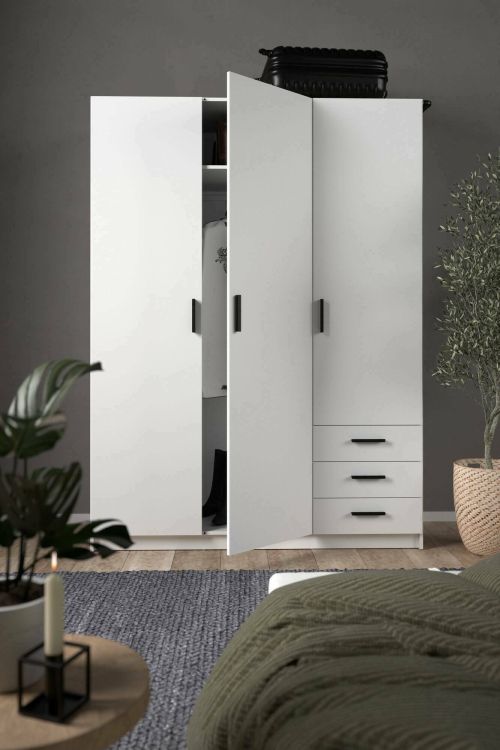 Guardaroba 3 ante Thea, Mobile camera da letto, Cabina armadio portabiti, Armadio appendiabiti, 50x147 h200 cm, Bianco
