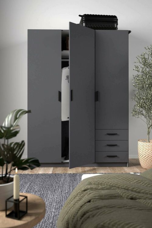 Guardaroba 3 ante Thea, Mobile camera da letto, Cabina armadio portabiti, Armadio appendiabiti, 50x147 h200 cm, Grigio
