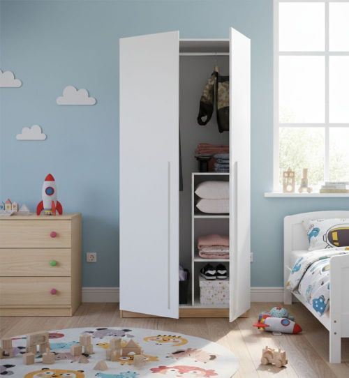 Guardaroba Abilene, Armadio per camera da letto a 2 ante battenti, Mobile con 3 ripiani e barra appendiabiti, 90x52h200 cm, Rovere nodi e Bianco