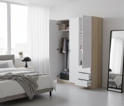 Guardaroba Allentown, Armadio per camera da letto a 3 ante e 3 cassetti, Mobile con barra appendiabiti e 3 ripiani, 121x52h180 cm, Bianco e Rovere