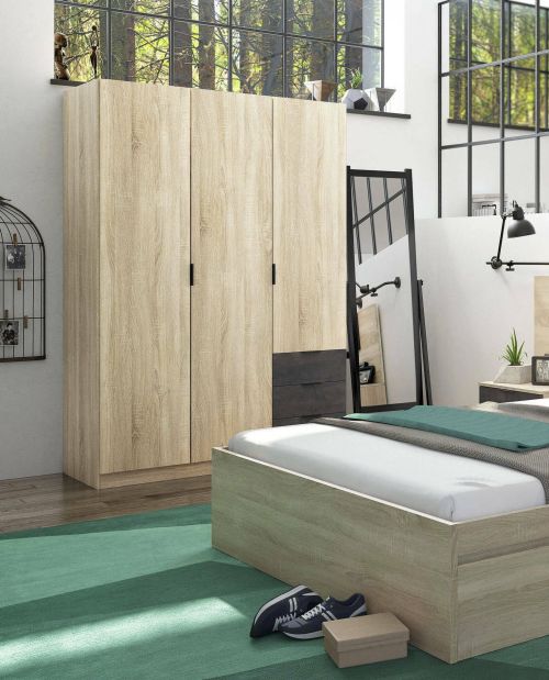 Guardaroba Allentown, Armadio per camera da letto a 3 ante e 3 cassetti, Mobile con barra appendiabiti e 3 ripiani, 121x52h180 cm, Rovere e Ossido