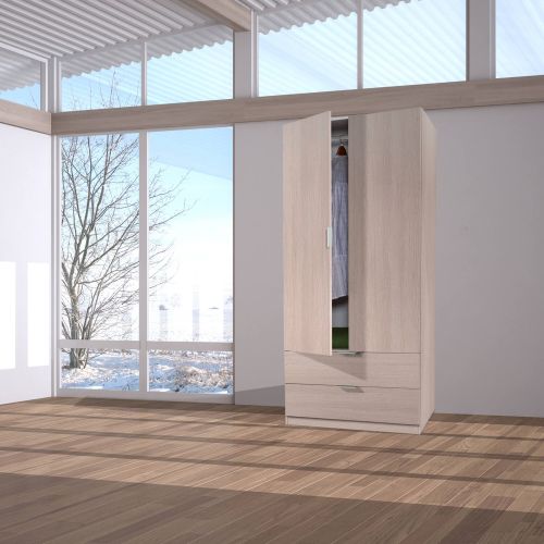 Guardaroba Burbank, Armadio per camera da letto a 2 ante e 2 cassetti, Mobile per camera da letto con barra appendiabiti, 81x52h180 cm, Quercia