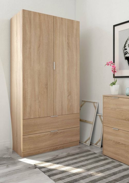 Guardaroba Burbank, Armadio per camera da letto a 2 ante e 2 cassetti, Mobile per camera da letto con barra appendiabiti, 81x52h180 cm, Rovere