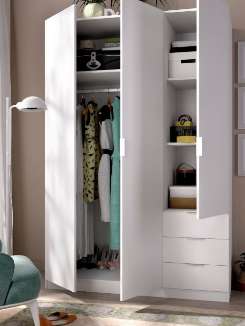 Guardaroba Cimone, Mobile appendiabiti per camera da letto, Armadio a 3 ante battenti e 3 cassetti, 121x52h184 cm, Bianco
