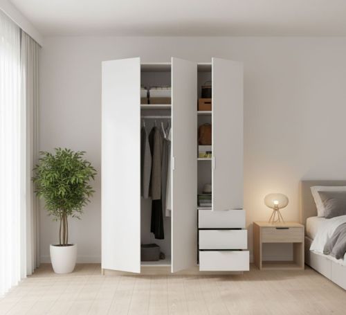 Guardaroba Cimone, Mobile appendiabiti per camera da letto, Armadio a 3 ante battenti e 3 cassetti, 121x52h184 cm, Bianco e Rovere
