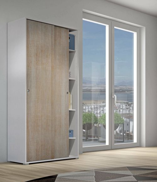 Guardaroba Dalia, Armadio a 2 ante scorrevoli e 4 ripiani, Mobile moderno multiuso per camera da letto, 100% Made in Italy, 90x45h195 cm, Rovere e Bianco