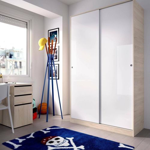 Guardaroba Denali, Mobile appendiabiti per camera da letto, Armadio a 2 ante scorrevoli, 120x50h204 cm, Bianco lucido e Rovere
