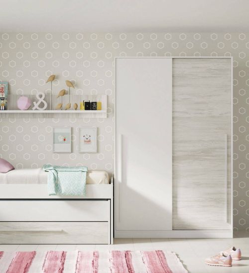 Guardaroba Downey, Armadio per camera da letto a 2 ante scorrevoli, Mobile con barra appendiabiti e 3 ripiani, 120x50h200 cm, Bianco anticato